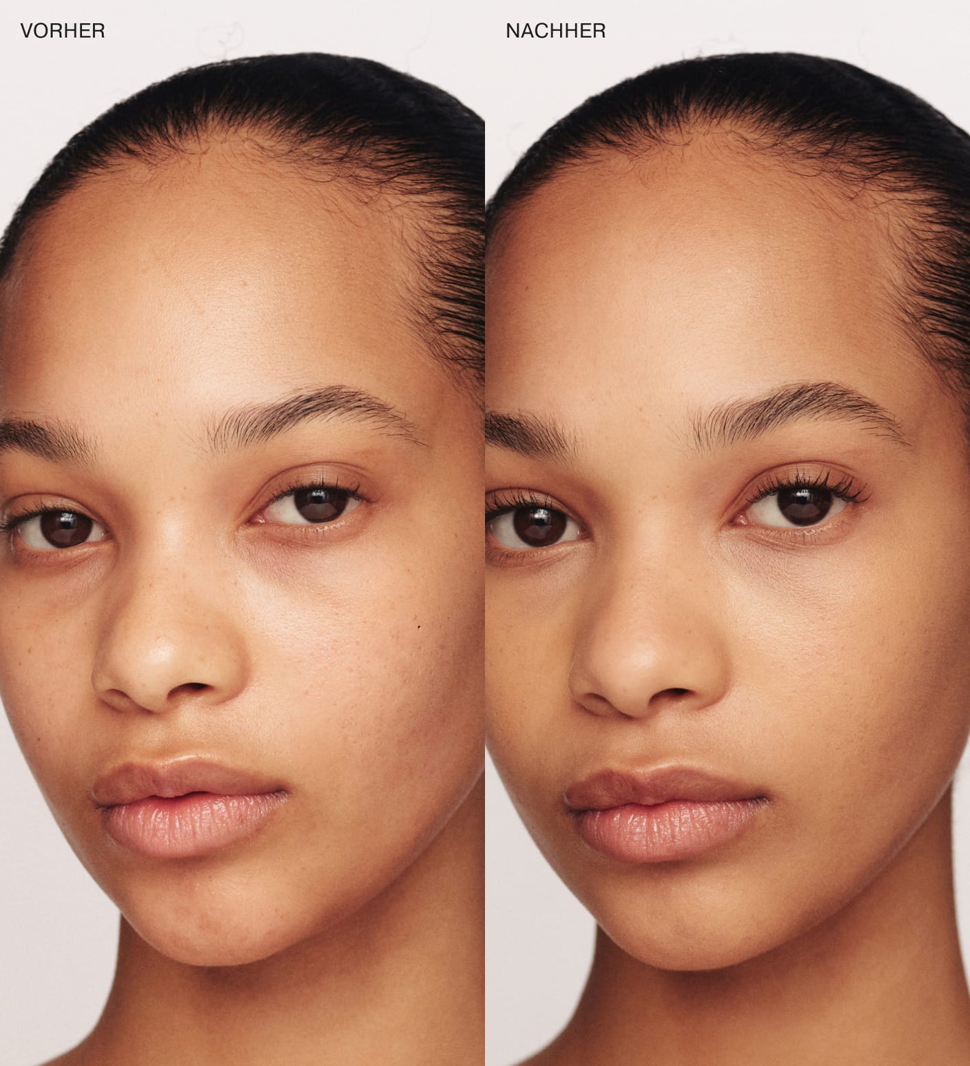 Velvet Skin Primer Vorher-Nachher-Vergleich zeigt geglättete, makellose und porenverfeinerte Haut an einem Model.